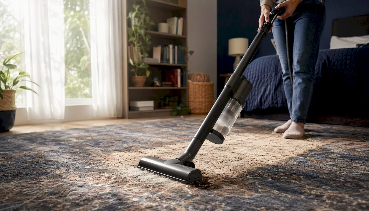 Hands vacuuming carpet with HEPA vacuum cleaner