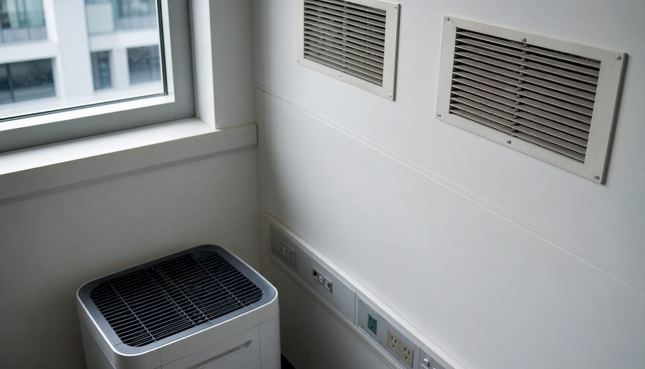 Hospital room showing medical-grade filtration units