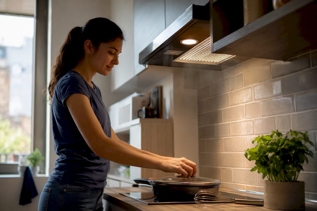 Hands placing lid on pan with range hood running