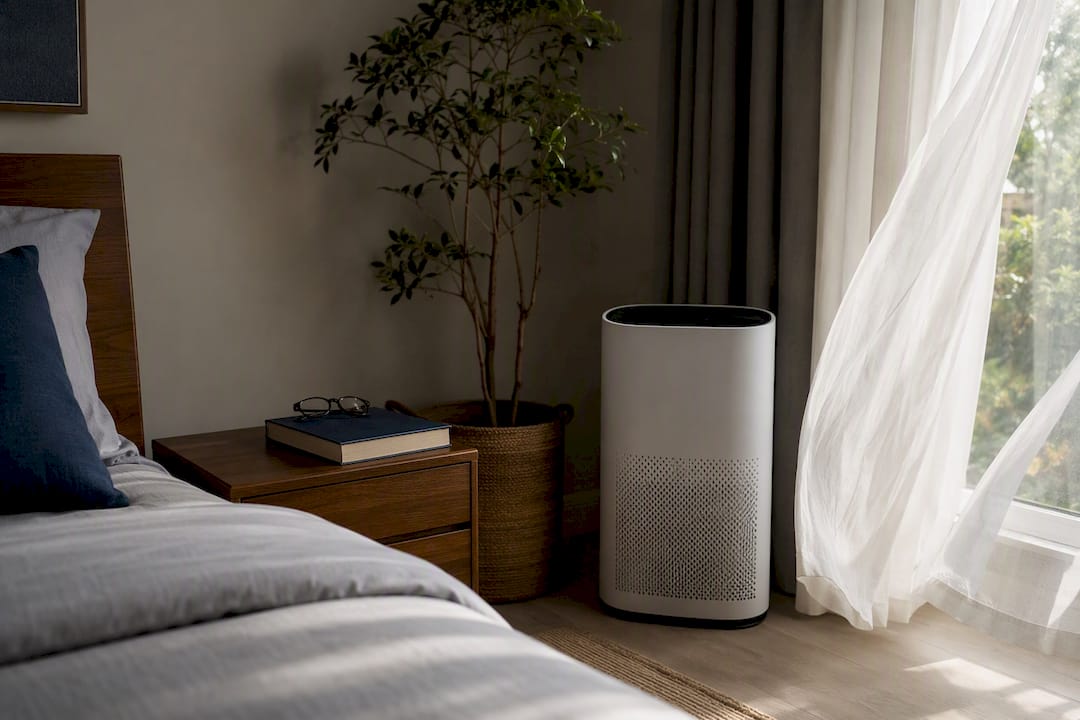 Air purifier quietly running in bedroom corner