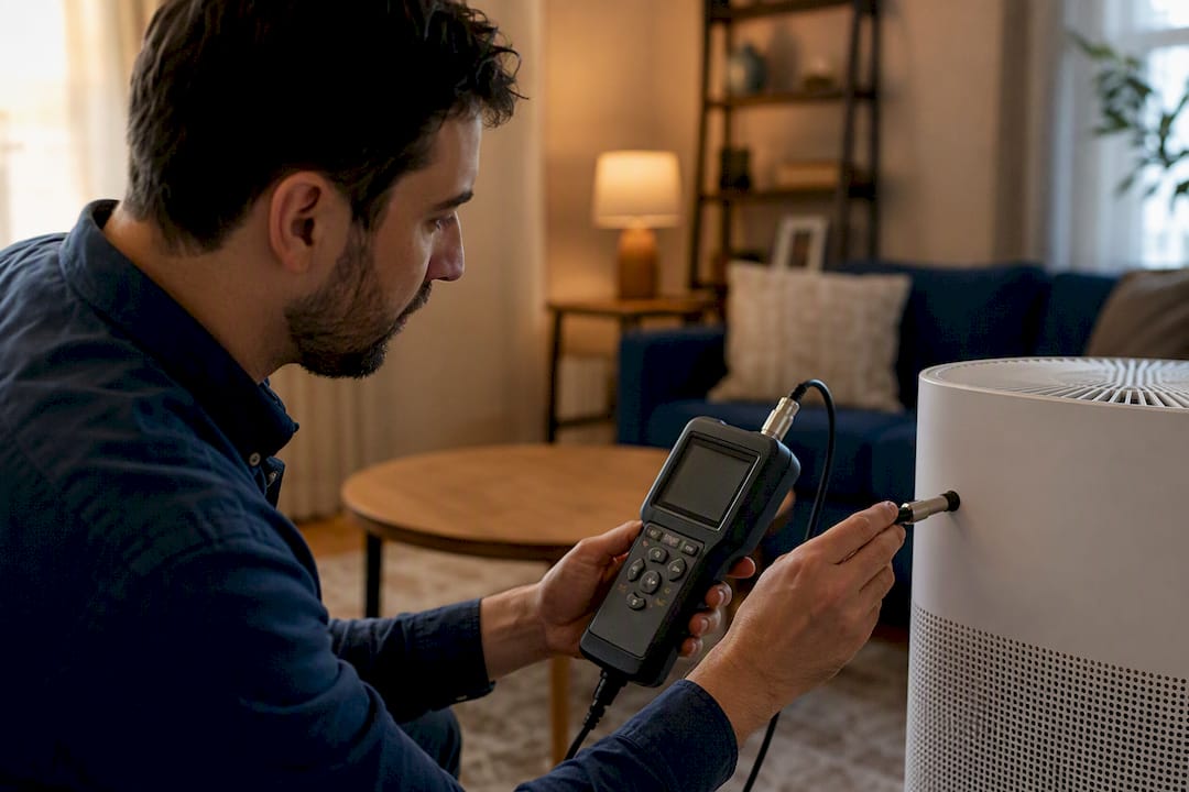 Technician performing particle leakage test by air purifier