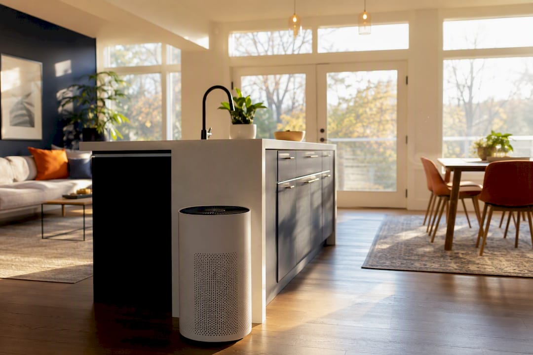 Open floor plan room with air purifier silhouette