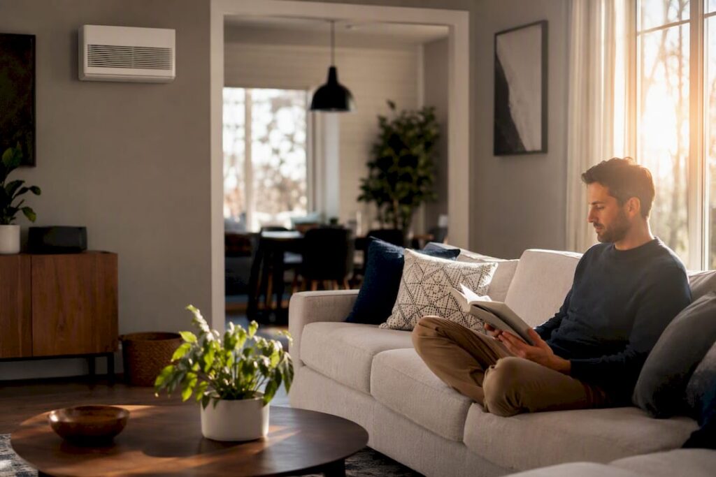 Wall-mounted air purifier in bedroom