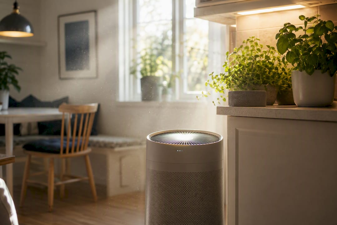 Air purifier running on low setting in living room