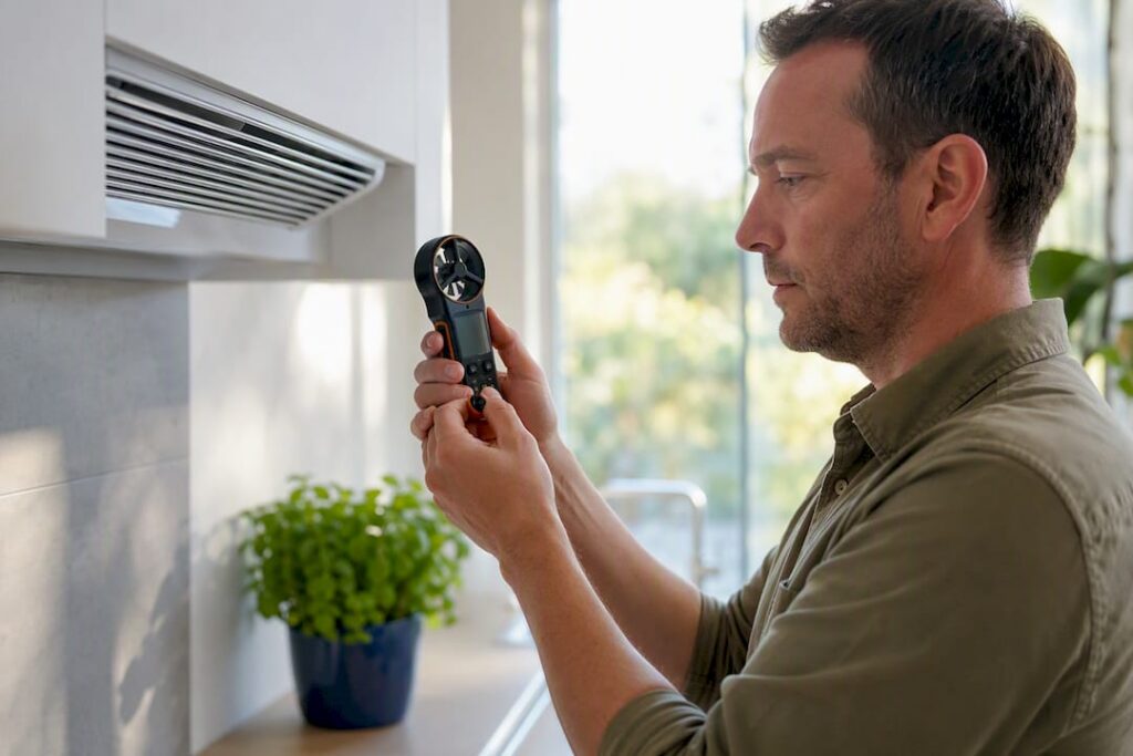 Hands measuring airflow from room vent
