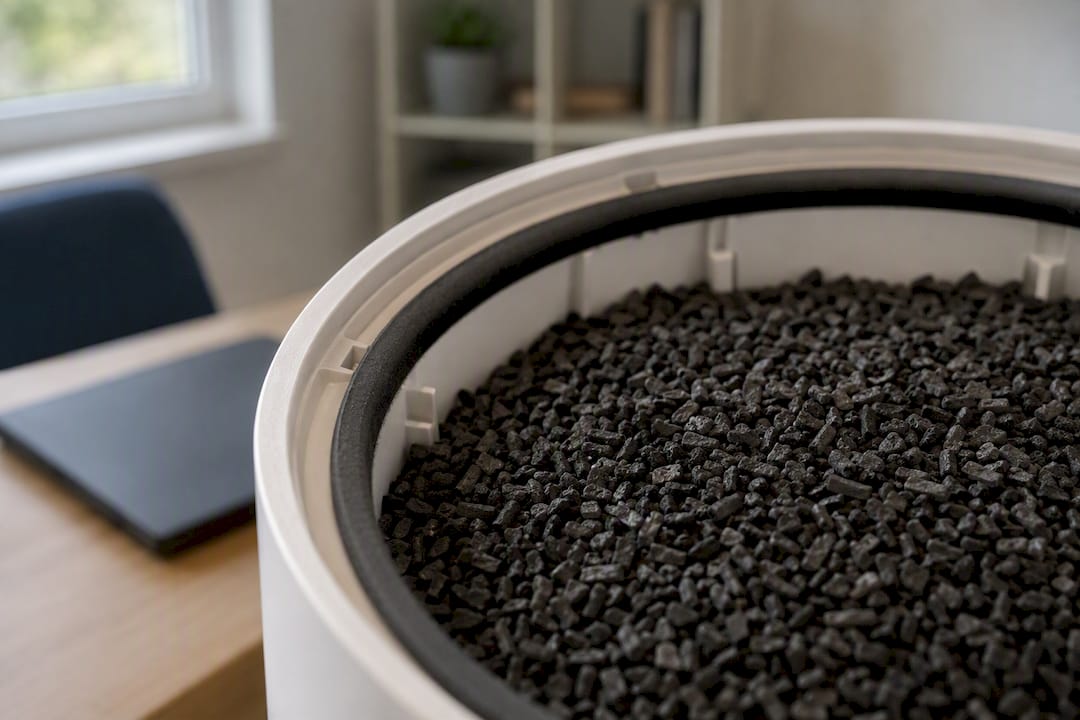 Close-up of activated carbon granules in filter