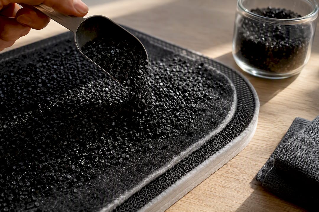 Granular carbon beside an anonymous filter edge