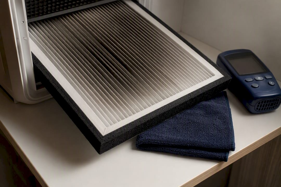 Dust buildup visible between pleated filter folds