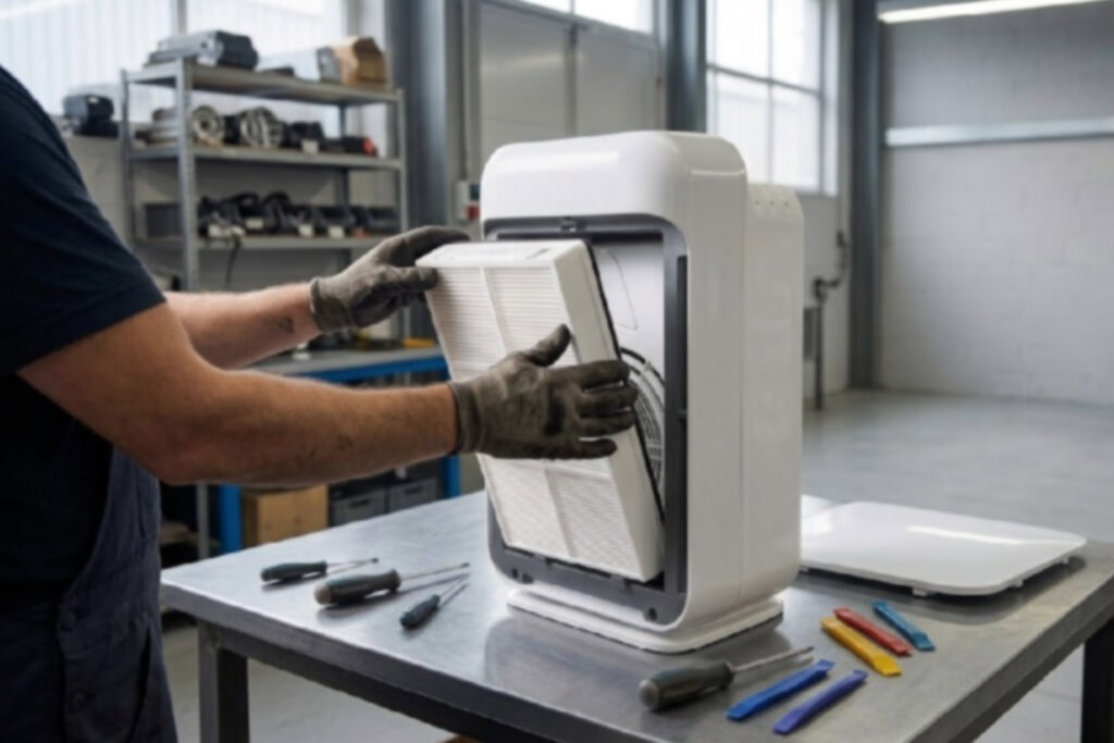 A technician works to refurbish a white rectangular air purifier in a workshop. The air purifier is being disassembled.