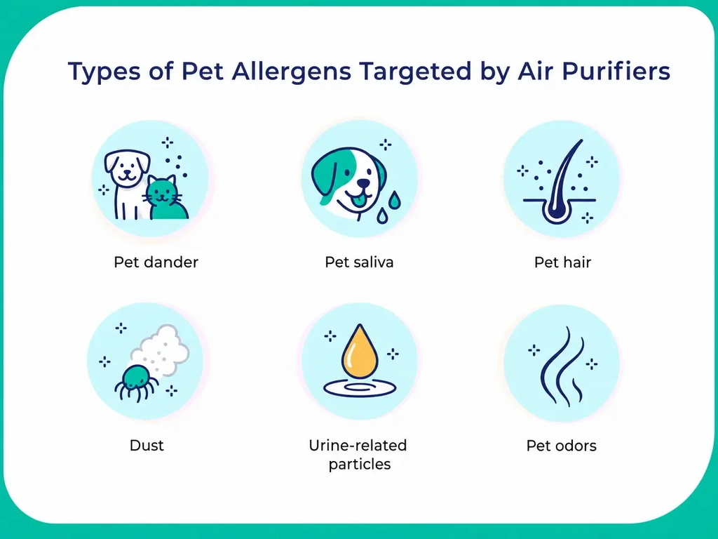 An image of 6 icons, stacked 3x3, showcasing the pet allergies targeted by air purifiers. These allergies are pet dander, pet saliva, pet hair, dust, urine-related particles, pet odors. 